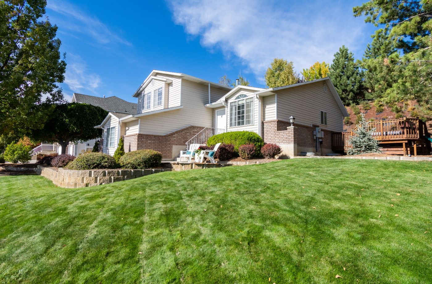 Manicured residential lawn framed by mature trees